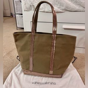 VANESSA BRUNO “Le Cabas” Olive Canvas / Bronze Sequin Tote Bag - NEW w/ Dust Bag